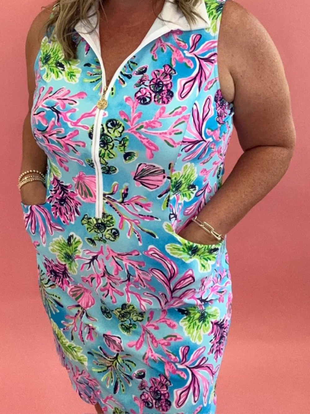 ARYEH Sea Island Collared Dress Scallop Hem XL UPF